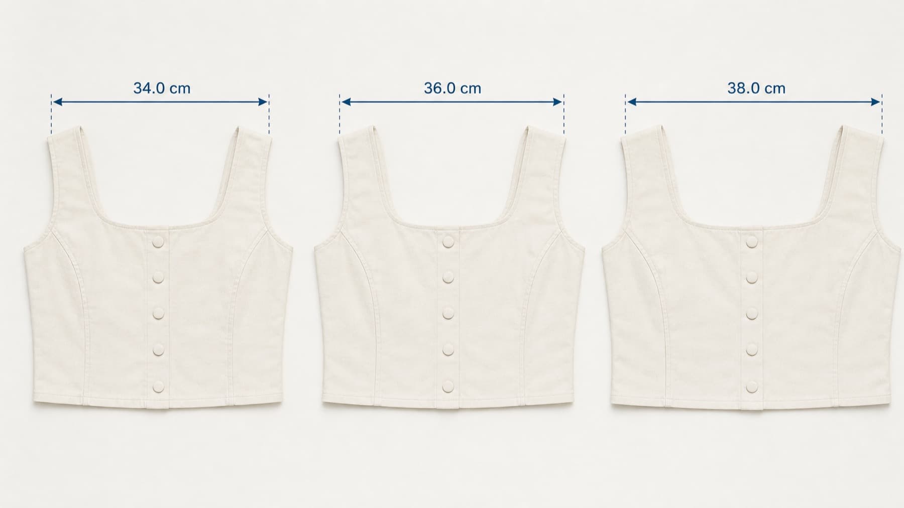 Three identical shirts laid flat side by side, differing only in shoulder width, each with its shoulder measurement marked