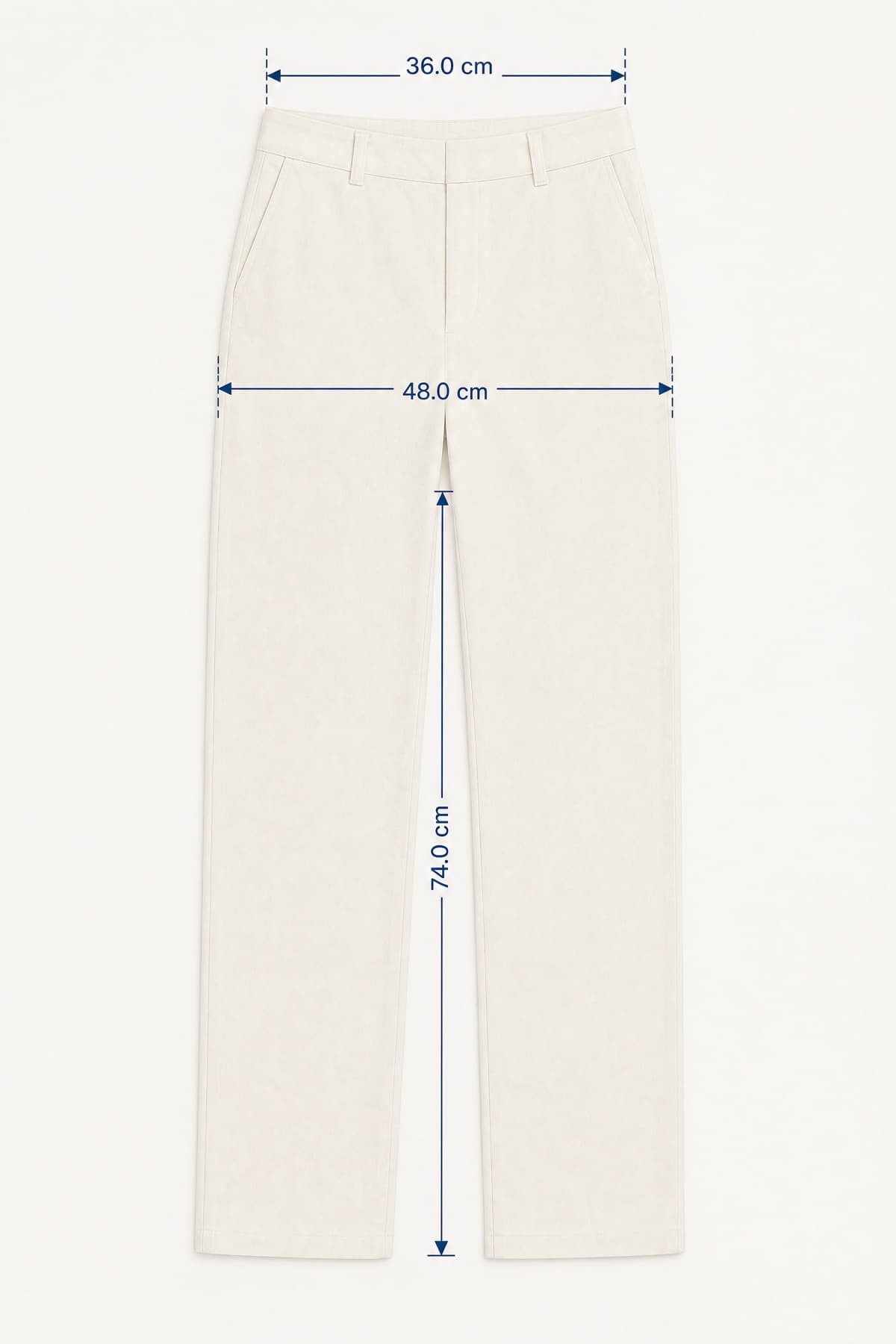 Straight Trouser laid flat with its key measurements marked in centimetres
