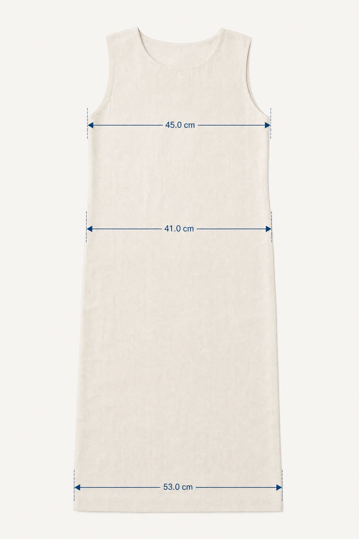 Straight Dress laid flat with its key measurements marked in centimetres