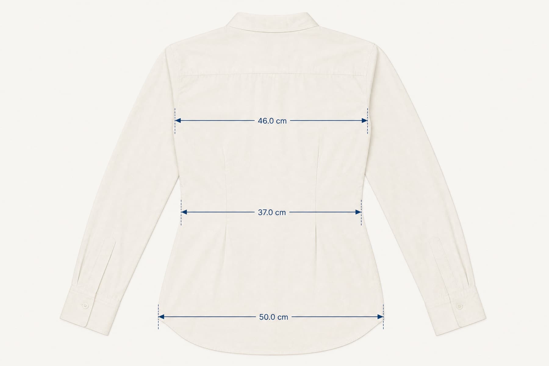 Curved Shirt laid flat with its key measurements marked in centimetres