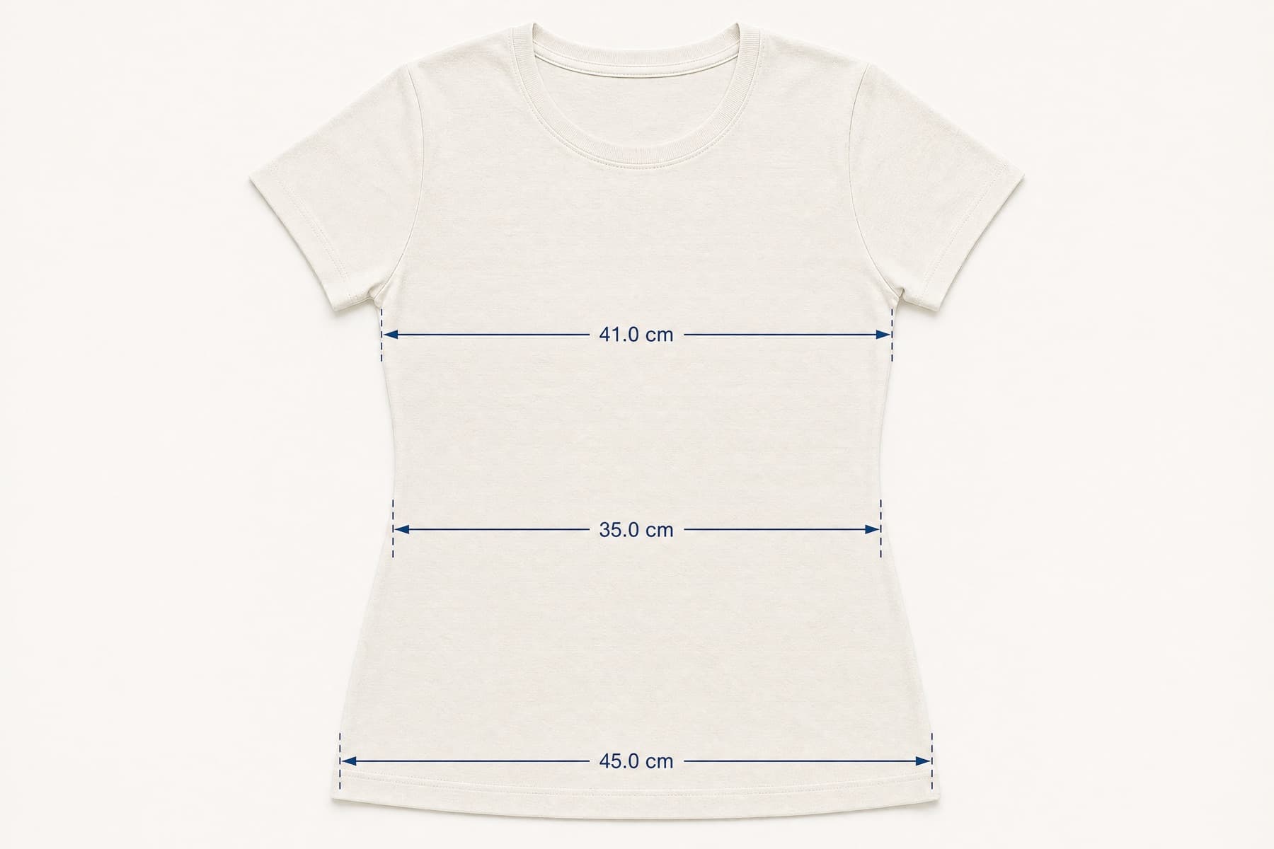 Curved Tee laid flat with its key measurements marked in centimetres