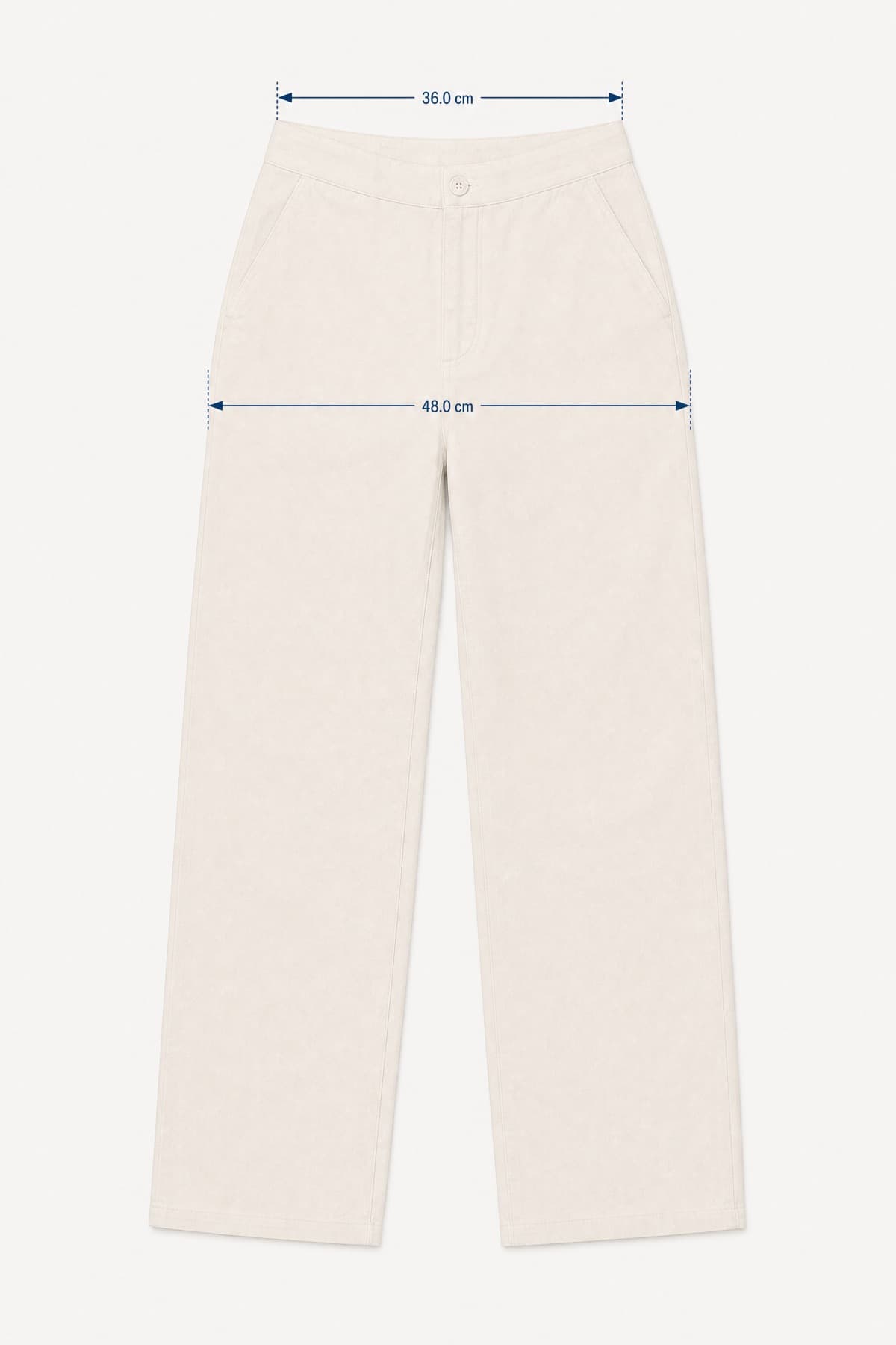 Curved Trouser laid flat with its key measurements marked in centimetres