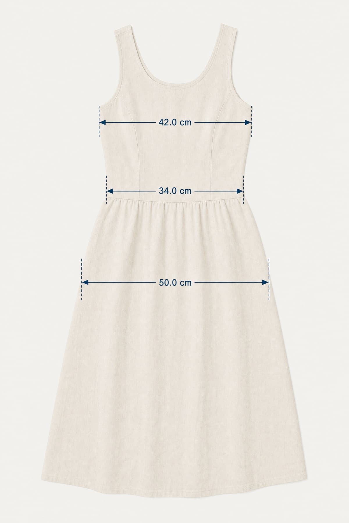 Curved Dress laid flat with its key measurements marked in centimetres