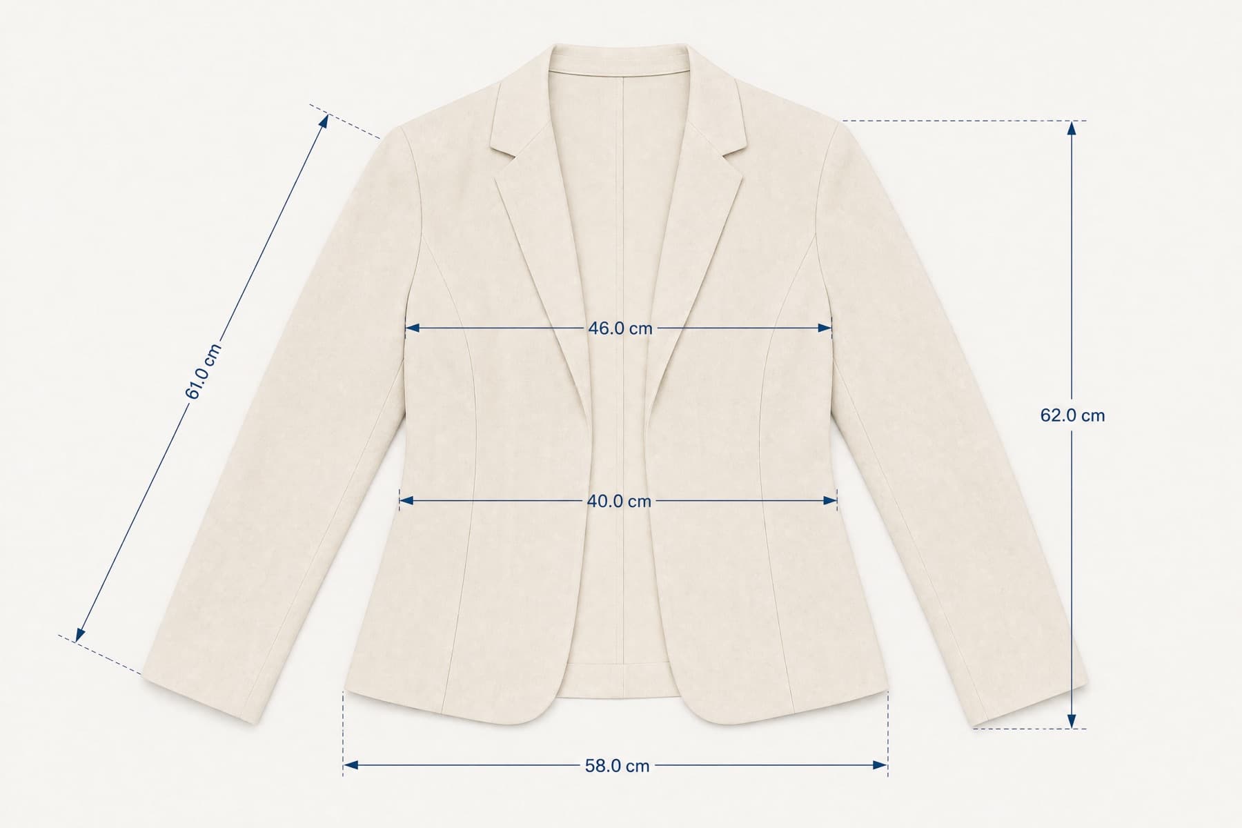 Curved Blazer laid flat with its key measurements marked in centimetres
