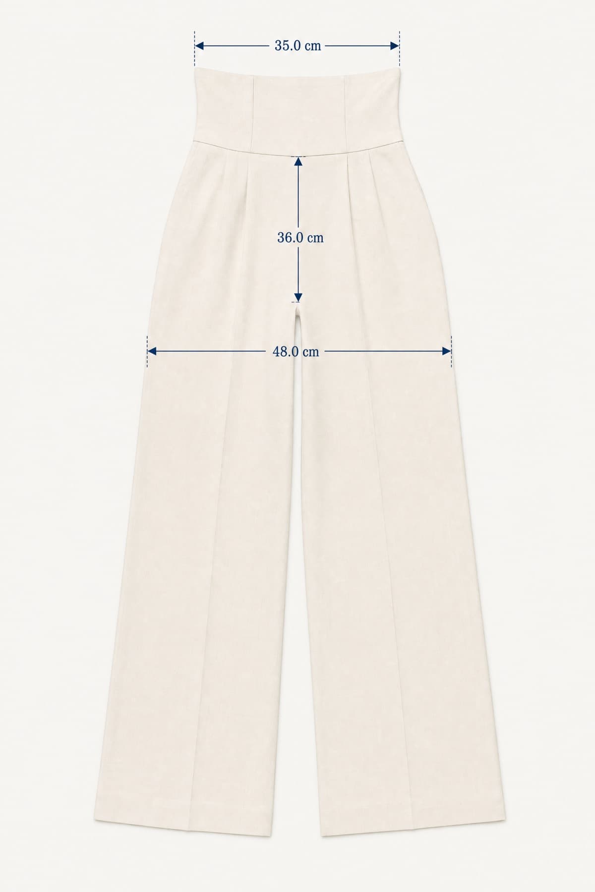 Curved Trouser High laid flat with its key measurements marked in centimetres