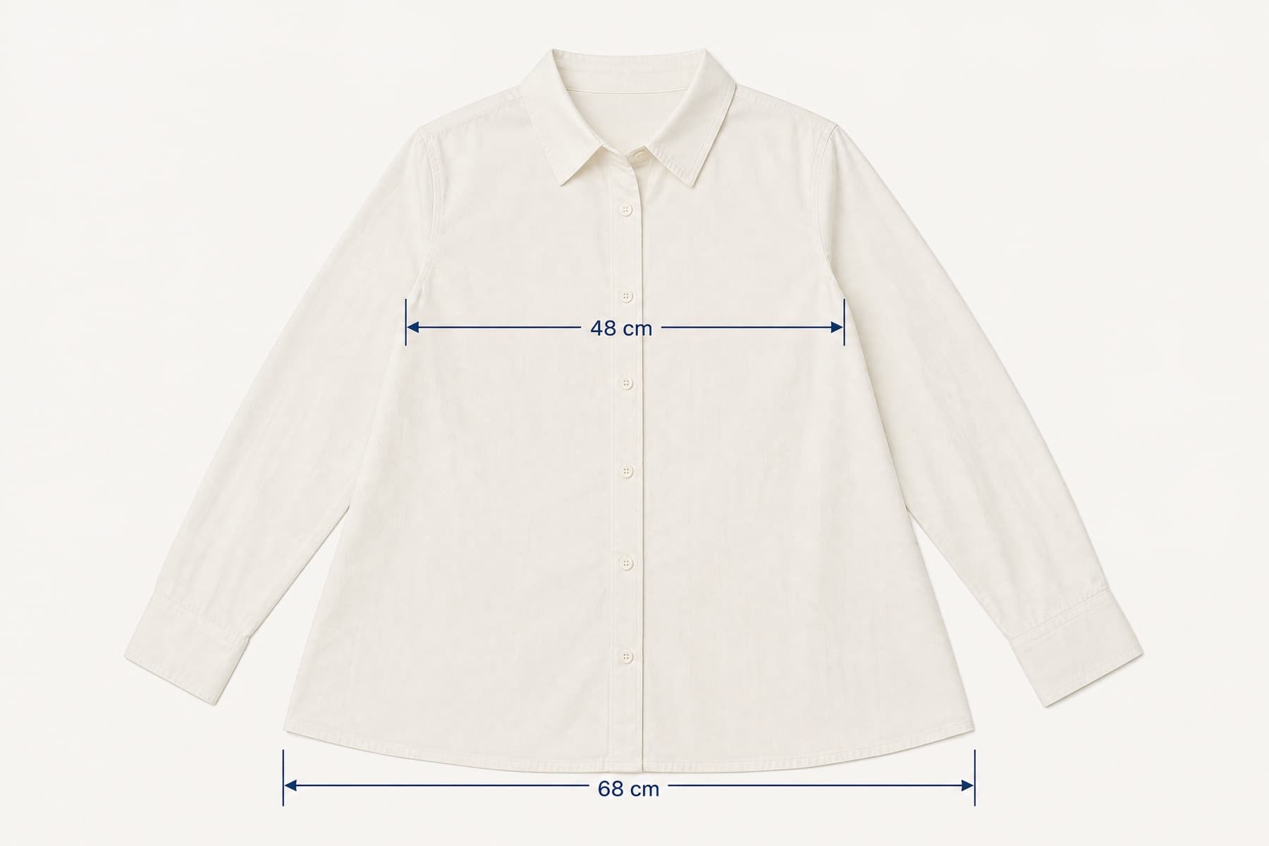 Wide-Curve Shirt laid flat with its key measurements marked in centimetres