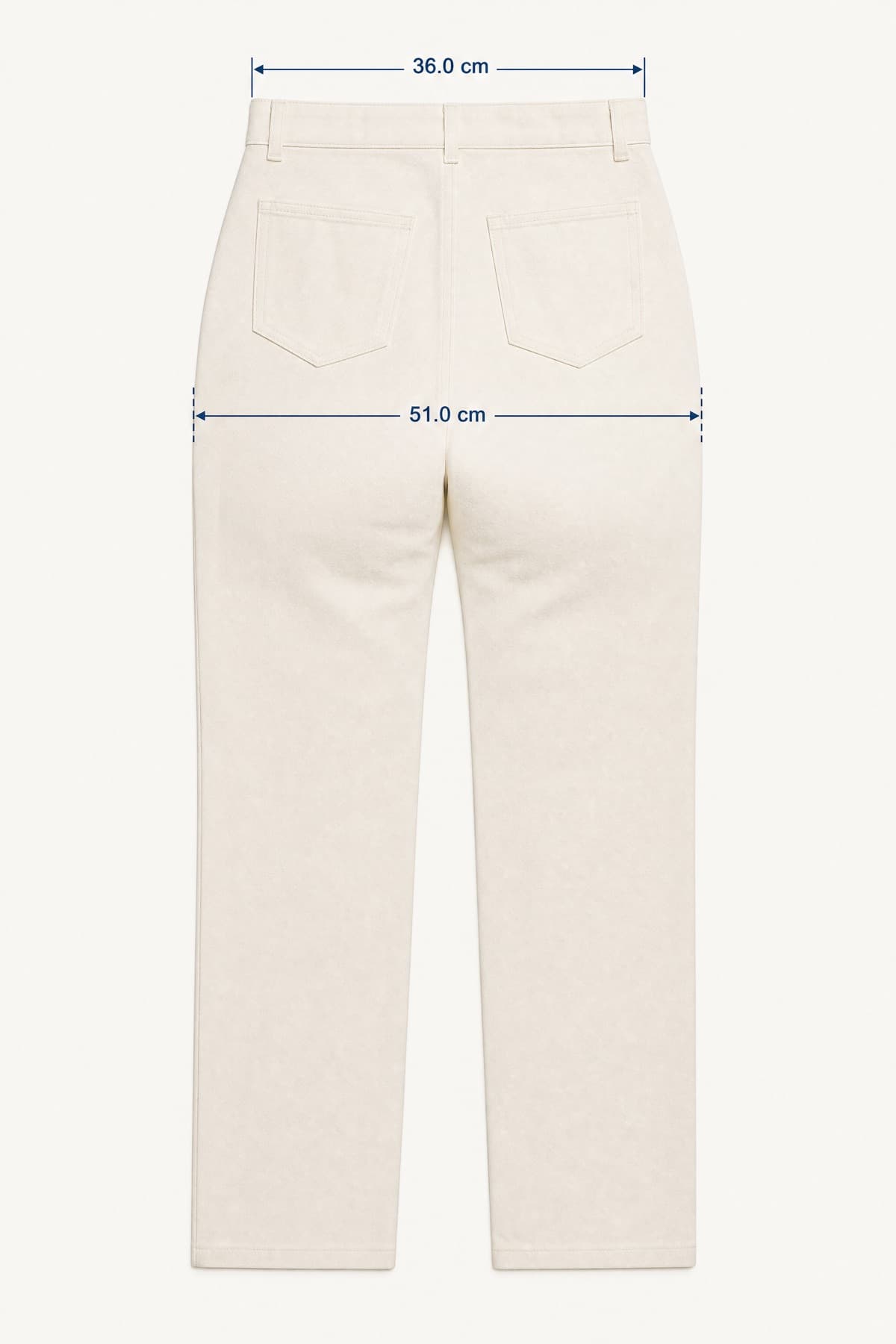 Wide-Curve Trouser laid flat with its key measurements marked in centimetres
