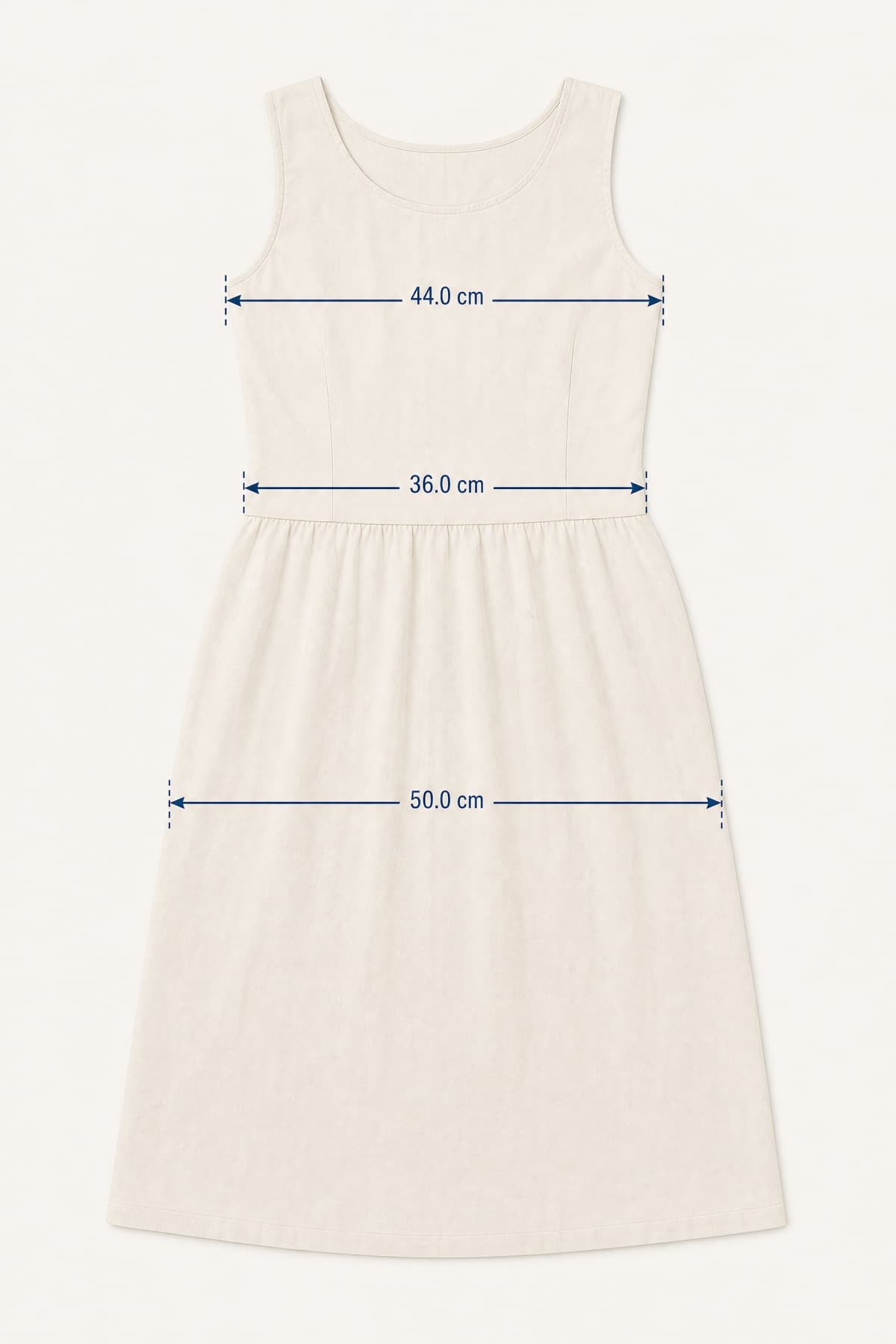 Wide-Curve Dress laid flat with its key measurements marked