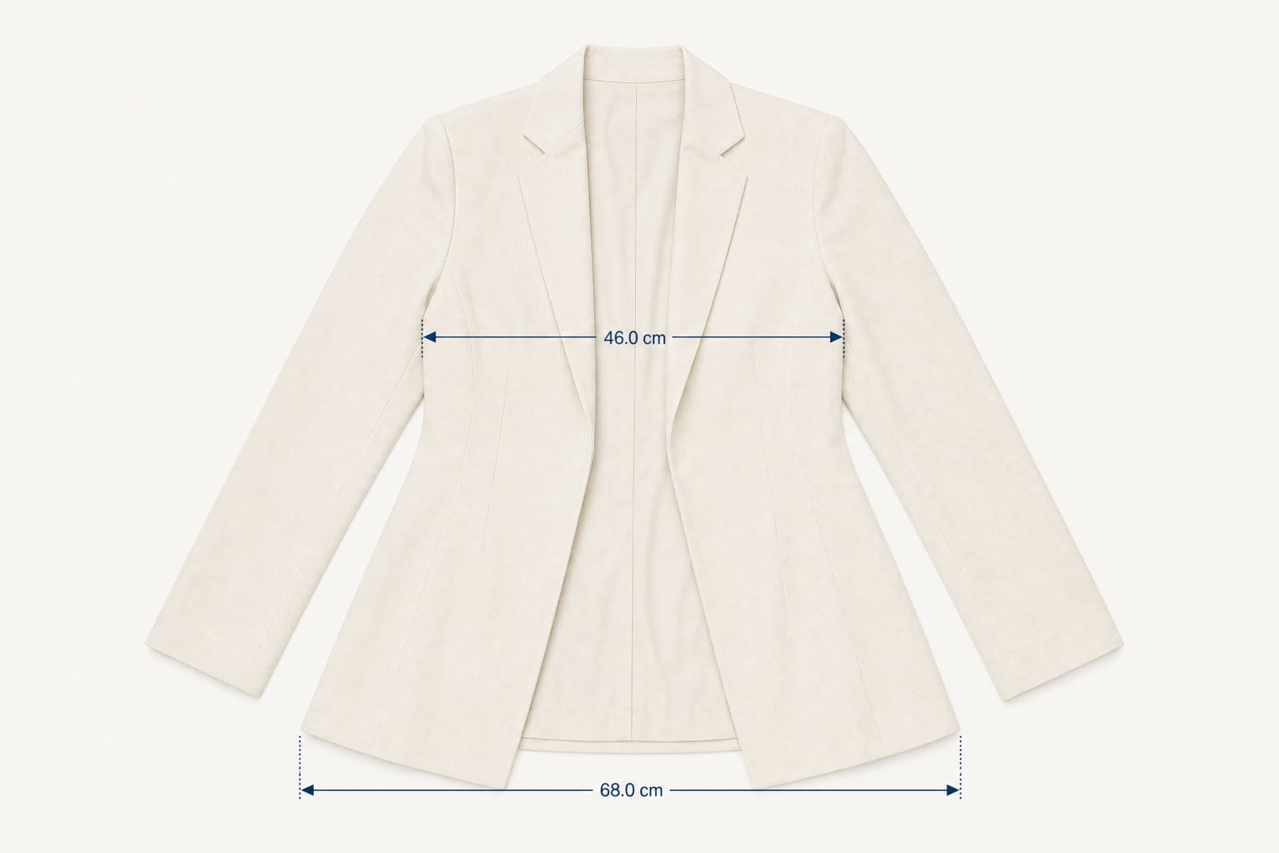 Wide-Curve Blazer laid flat with its key measurements marked in centimetres