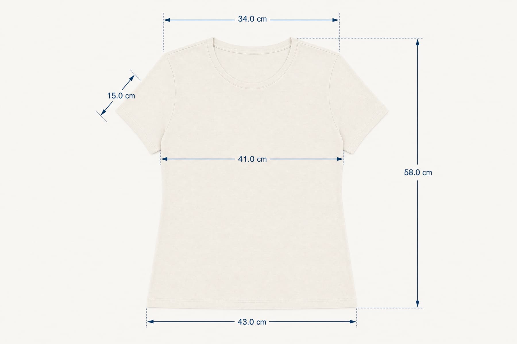 Shoulder Tee 36 laid flat with its key measurements marked in centimetres