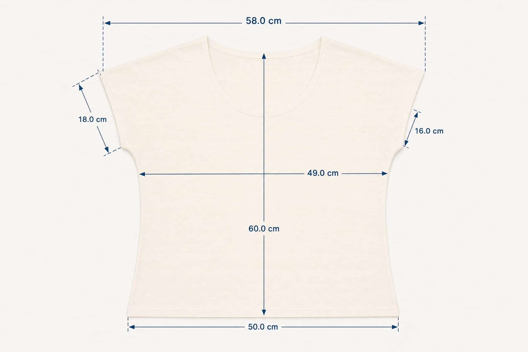 Shoulder Tee 42 laid flat with its key measurements marked in centimetres