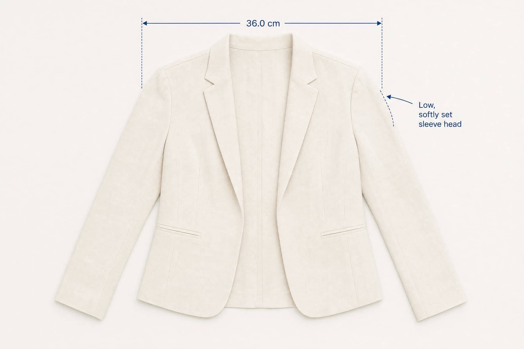 Shoulder Blazer 36 laid flat with its key measurements marked in centimetres