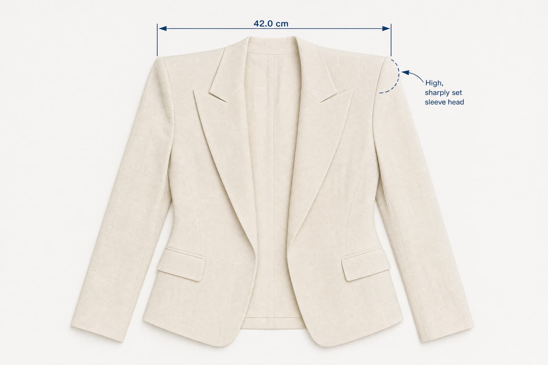 Shoulder Blazer 42 laid flat with its key measurements marked in centimetres
