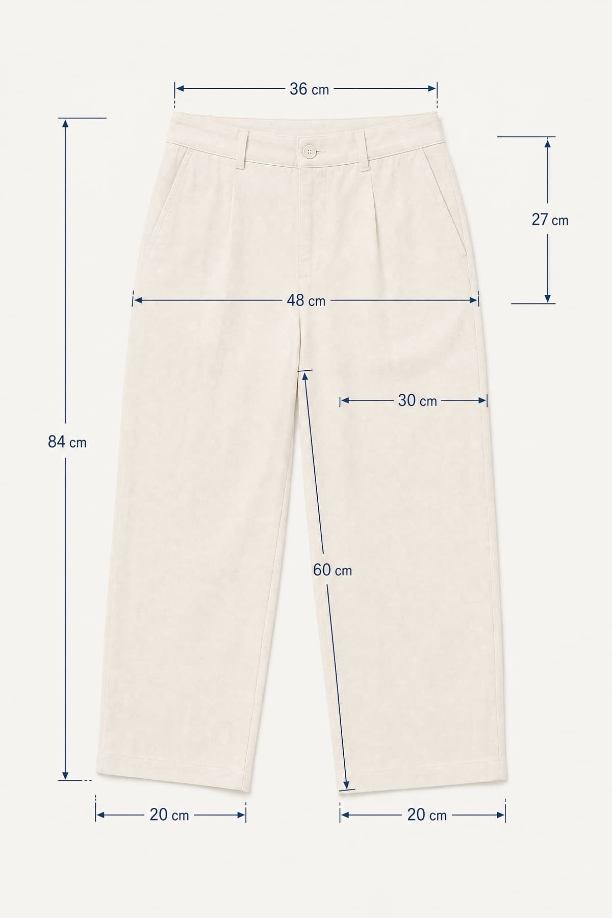 Trouser Short −6 laid flat with its key measurements marked in centimetres