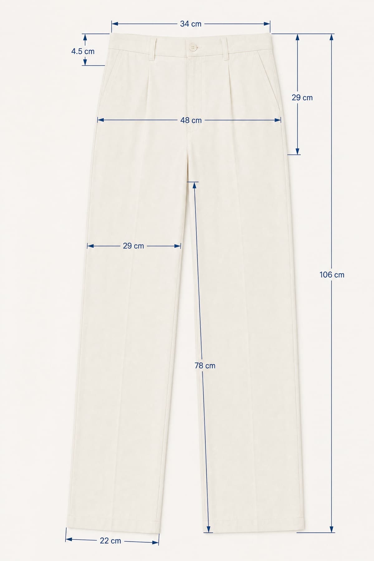 Trouser Long +6 laid flat with its key measurements marked in centimetres