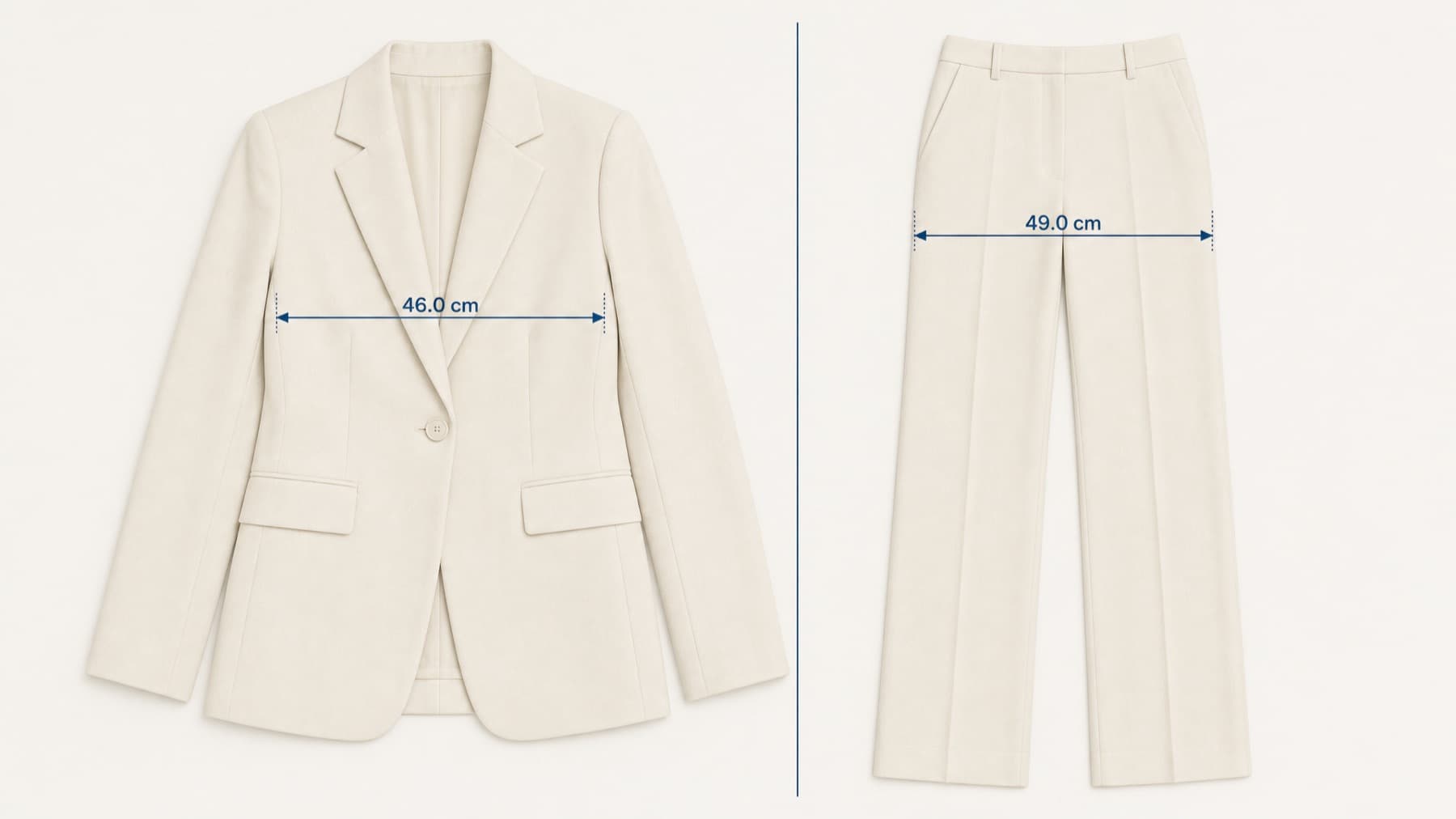 Suit Straight laid flat with its key measurements marked in centimetres