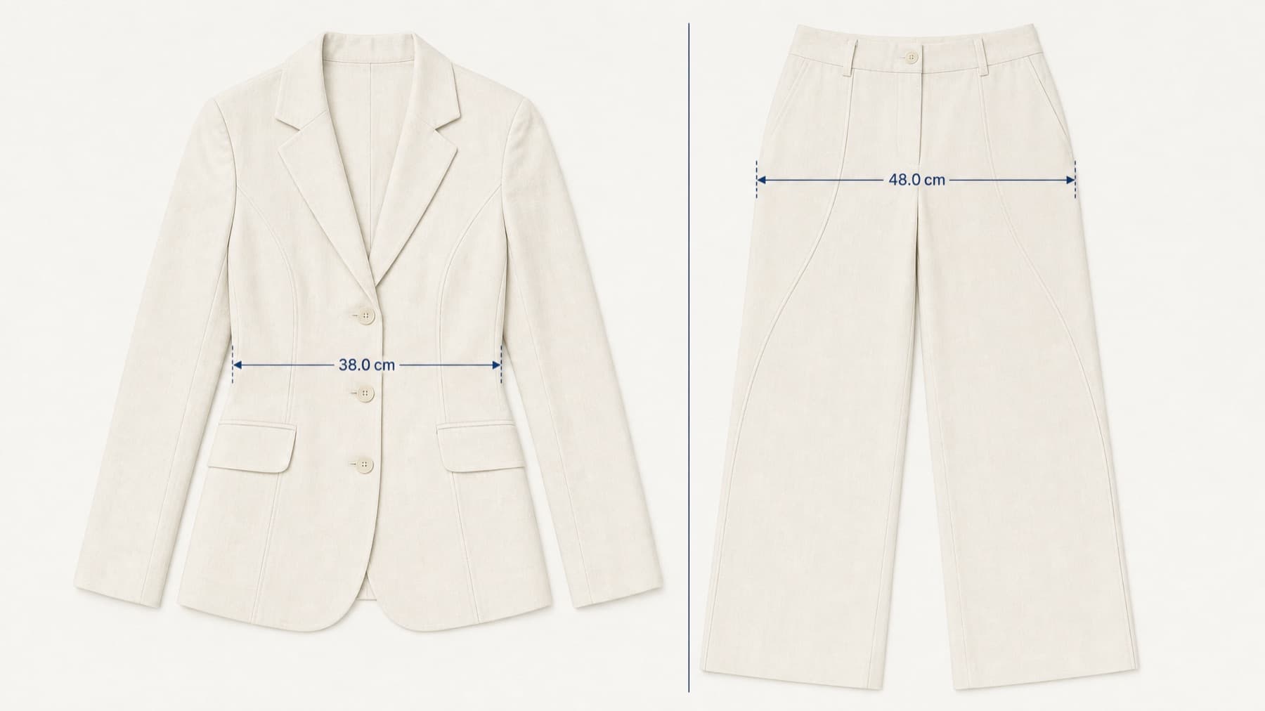 Suit Curved laid flat with its key measurements marked in centimetres